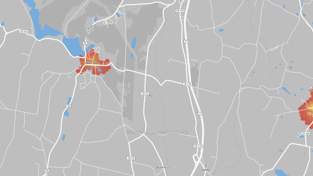 Walk Grade map of 12734, NY, walkable areas in green and car-dependent areas in red