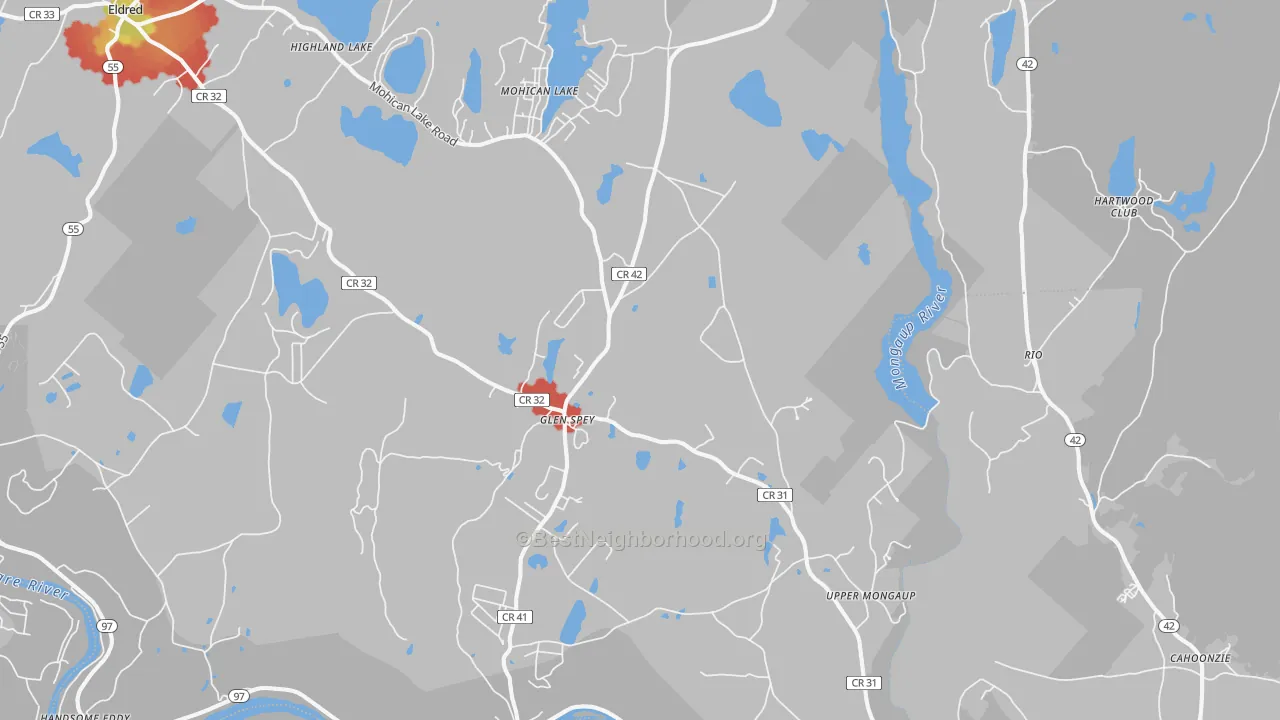 Walk Grade map of 12737, NY, walkable areas in green and car-dependent areas in red