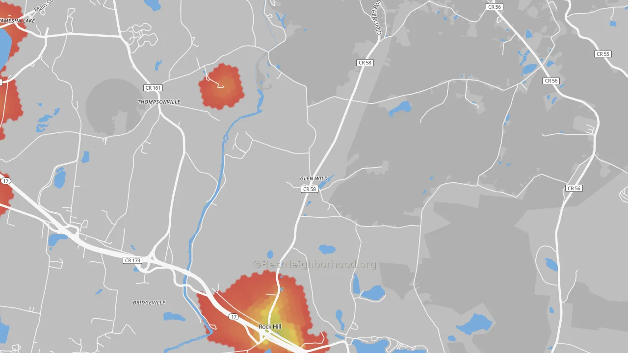 Walk Grade map of 12738, NY, walkable areas in green and car-dependent areas in red