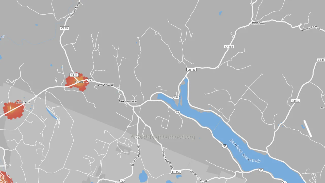Walk Grade map of 12740, NY, walkable areas in green and car-dependent areas in red