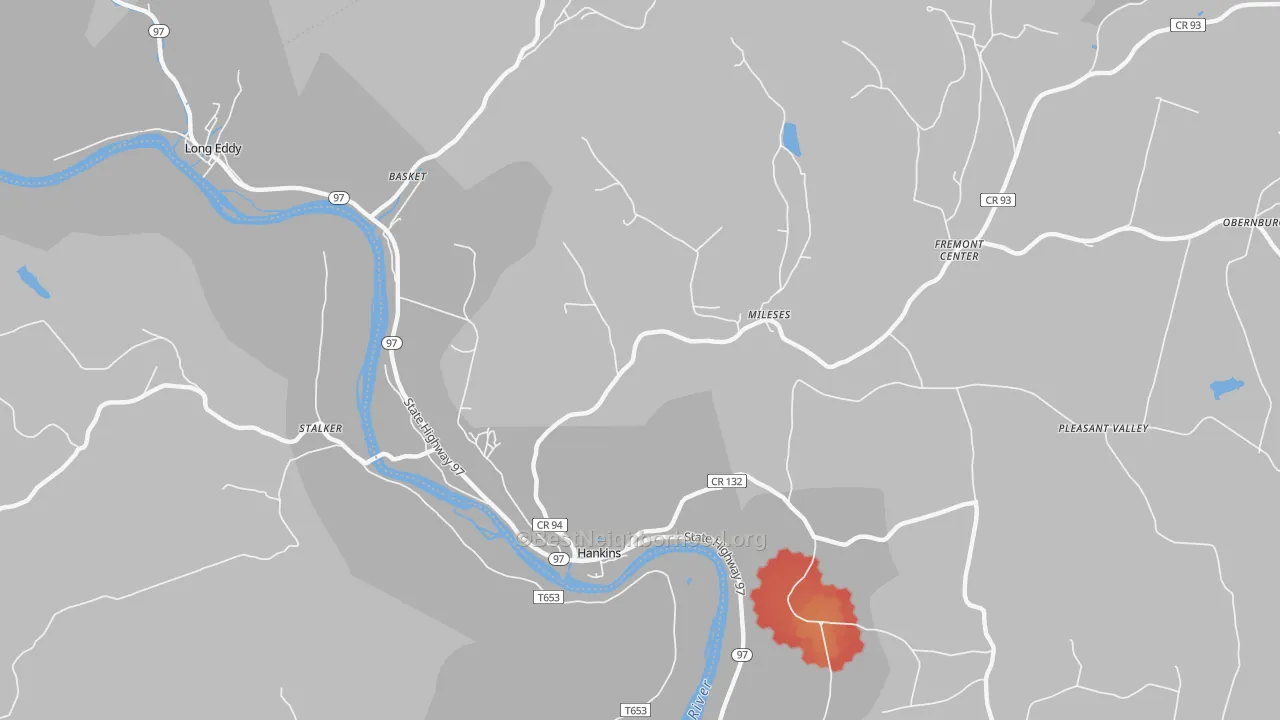 Walk Grade map of 12741, NY, walkable areas in green and car-dependent areas in red