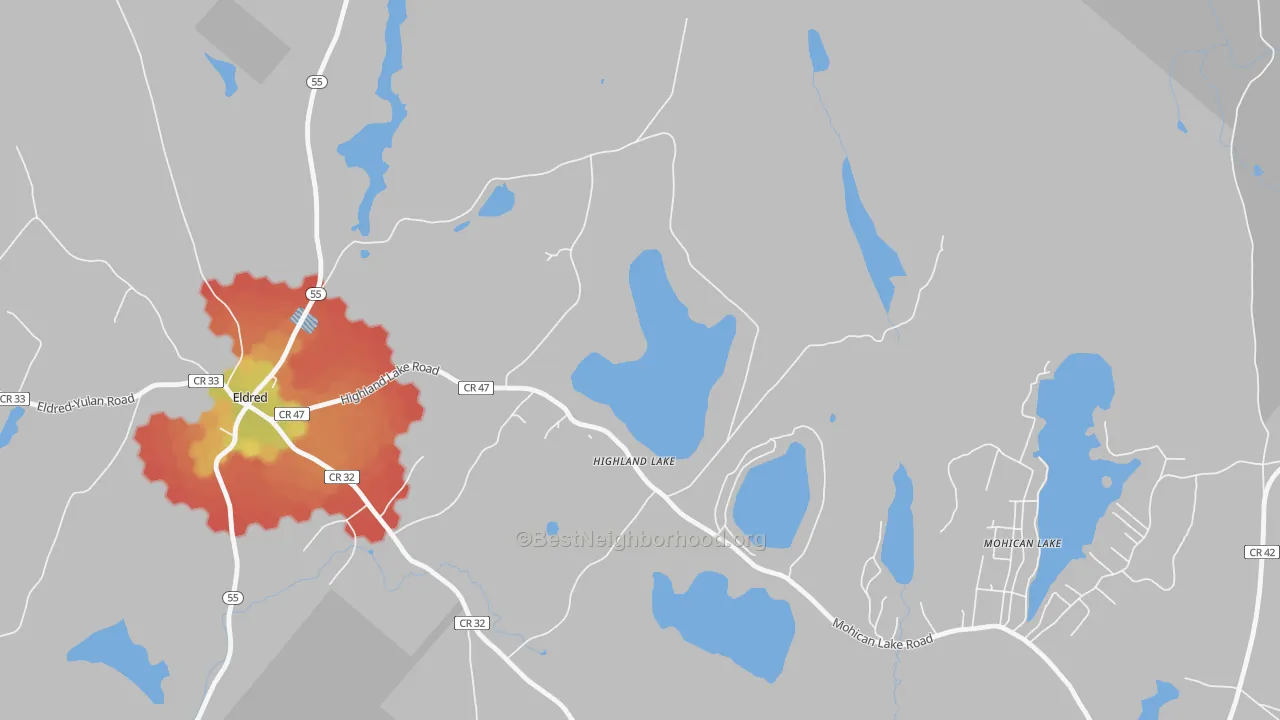Walk Grade map of 12743, NY, walkable areas in green and car-dependent areas in red