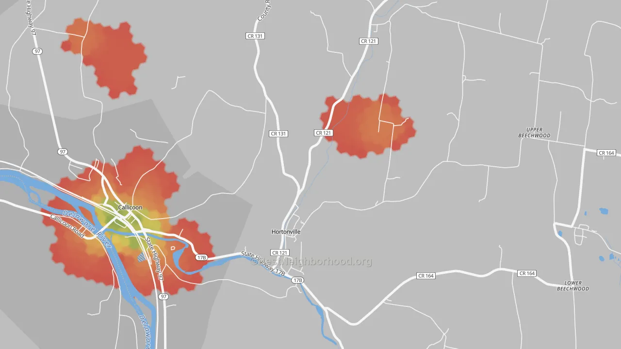 Walk Grade map of 12745, NY, walkable areas in green and car-dependent areas in red