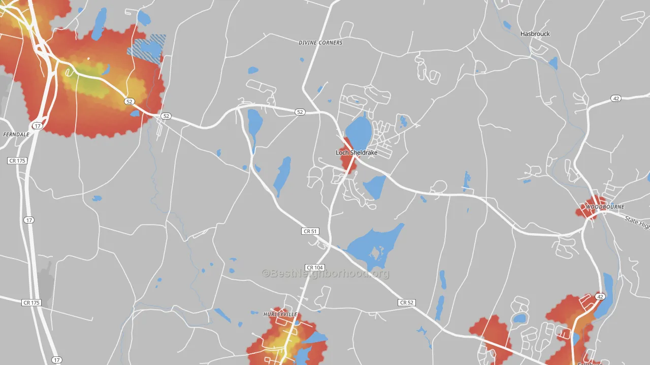 Walk Grade map of 12747, NY, walkable areas in green and car-dependent areas in red