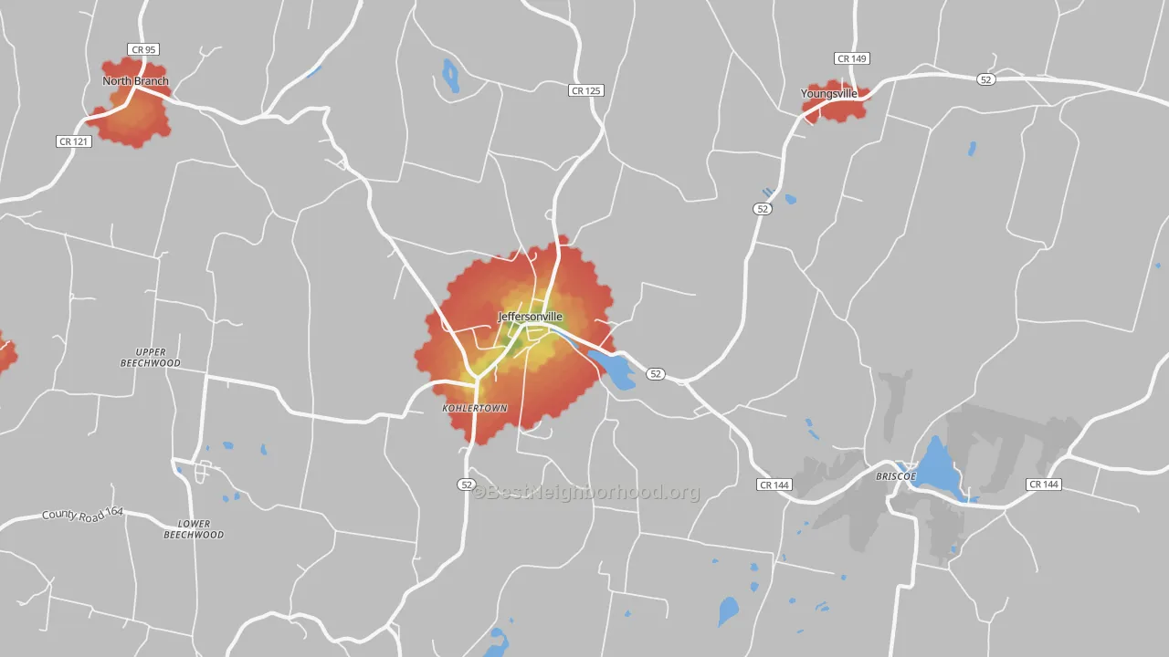 Walk Grade map of 12748, NY, walkable areas in green and car-dependent areas in red