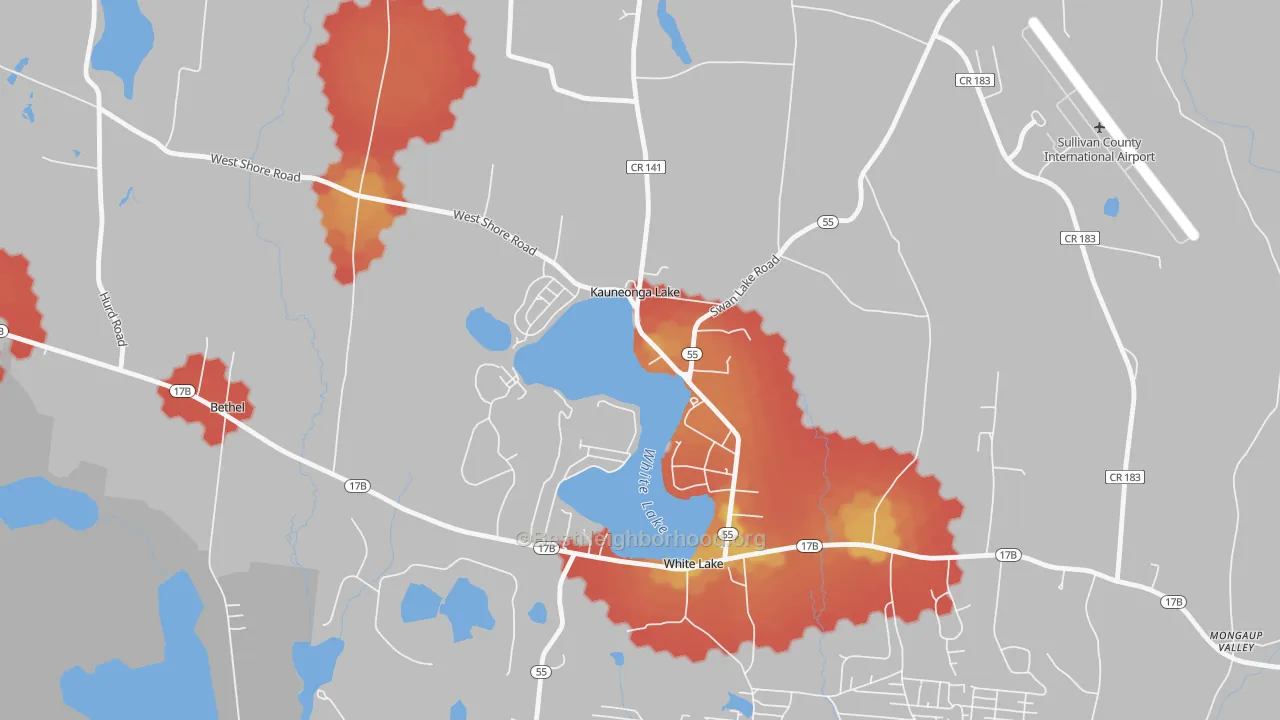 Walk Grade map of 12749, NY, walkable areas in green and car-dependent areas in red