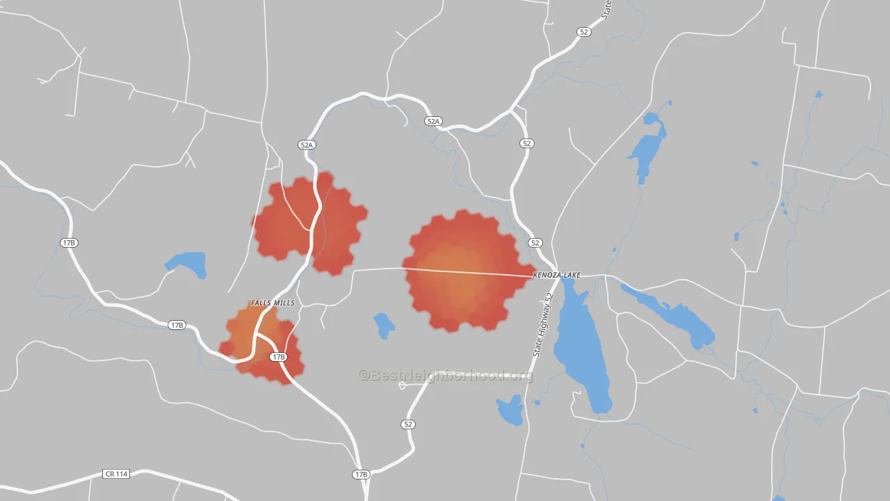 Walk Grade map of 12750, NY, walkable areas in green and car-dependent areas in red