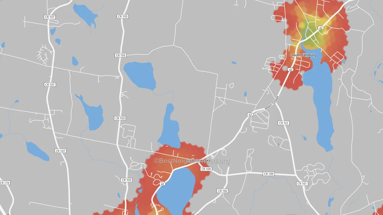 Walk Grade map of 12751, NY, walkable areas in green and car-dependent areas in red