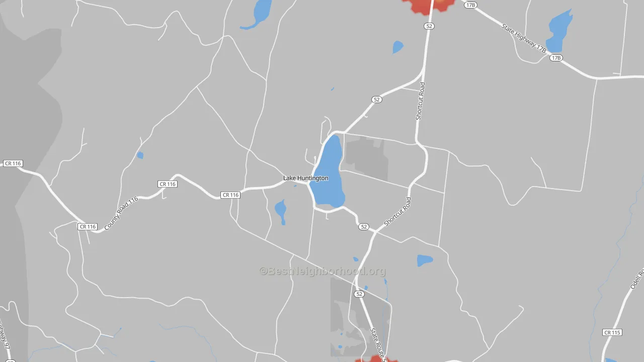 Walk Grade map of 12752, NY, walkable areas in green and car-dependent areas in red