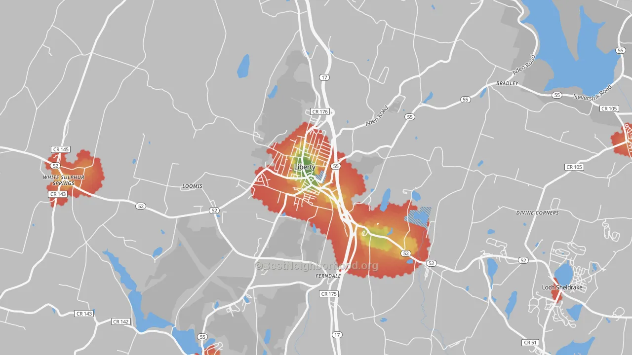 Walk Grade map of 12754, NY, walkable areas in green and car-dependent areas in red