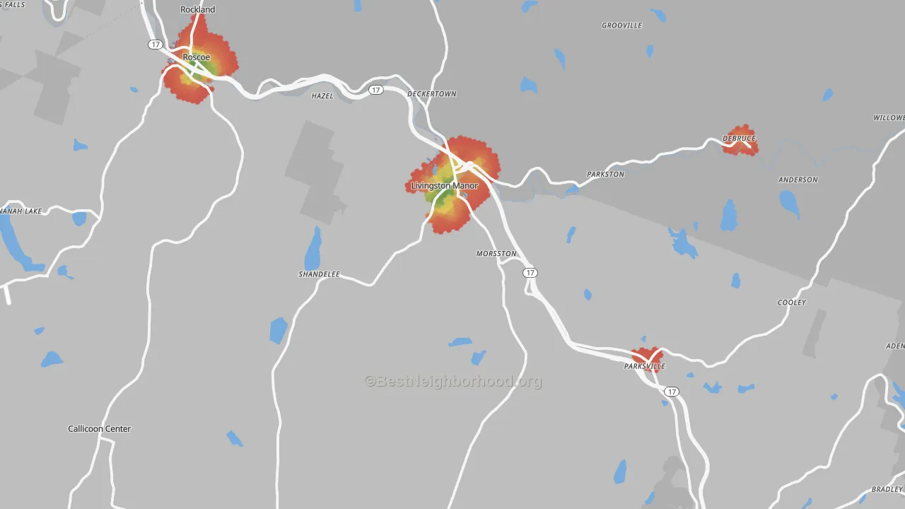 Walk Grade map of 12758, NY, walkable areas in green and car-dependent areas in red