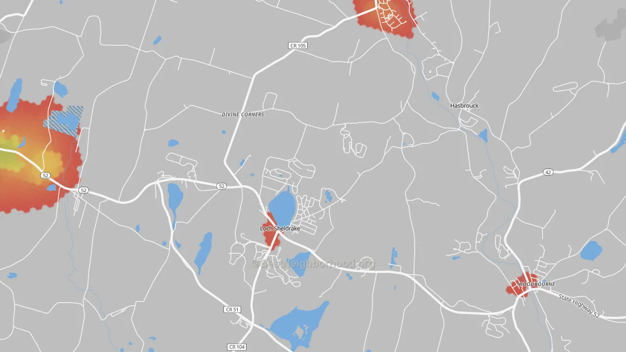 Walk Grade map of 12759, NY, walkable areas in green and car-dependent areas in red