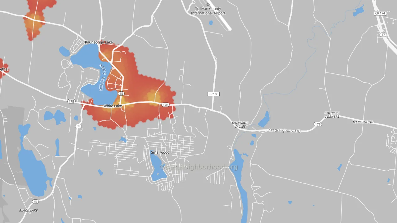 Walk Grade map of 12762, NY, walkable areas in green and car-dependent areas in red