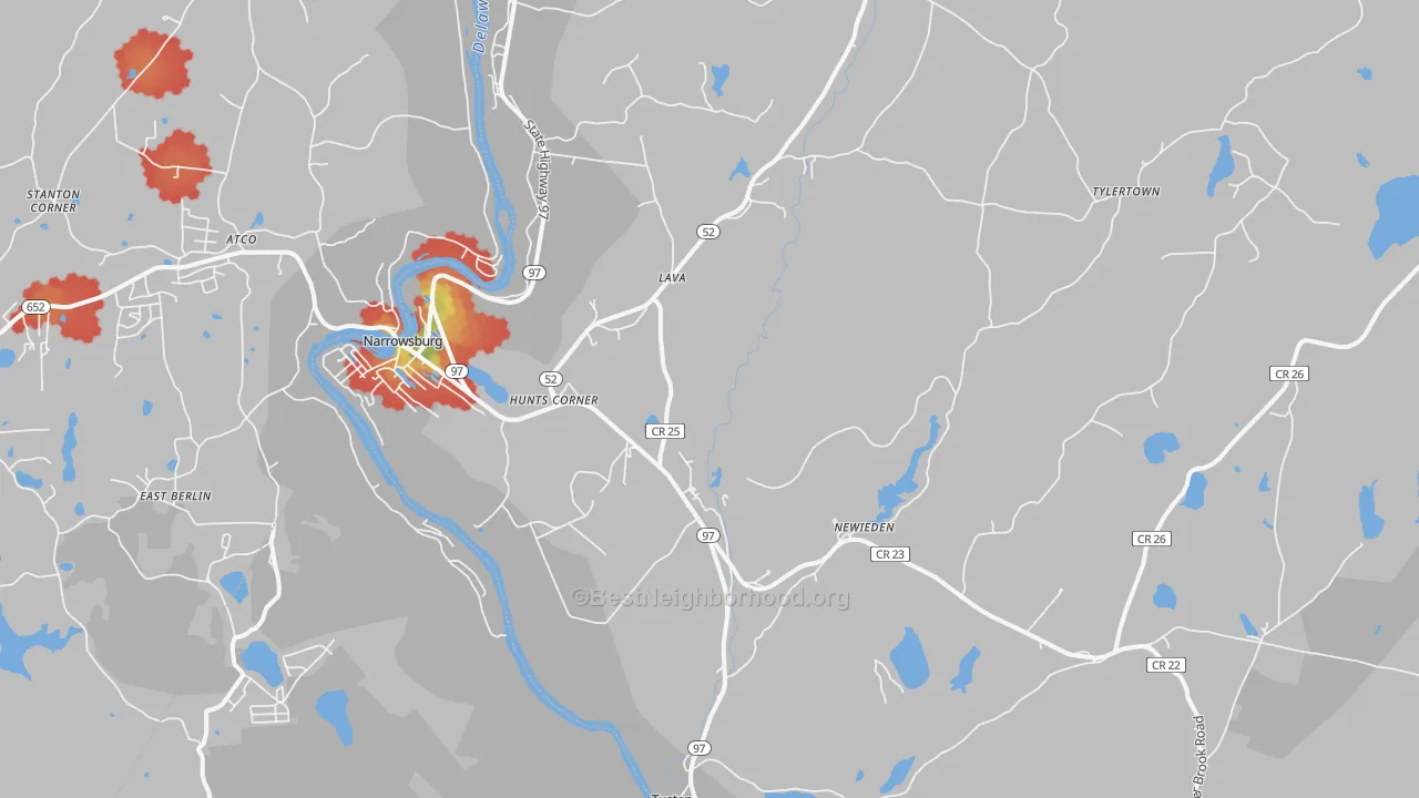 Walk Grade map of 12764, NY, walkable areas in green and car-dependent areas in red