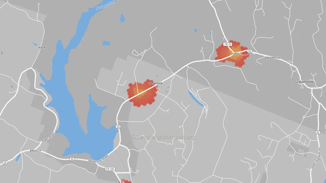 Walk Grade map of 12765, NY, walkable areas in green and car-dependent areas in red