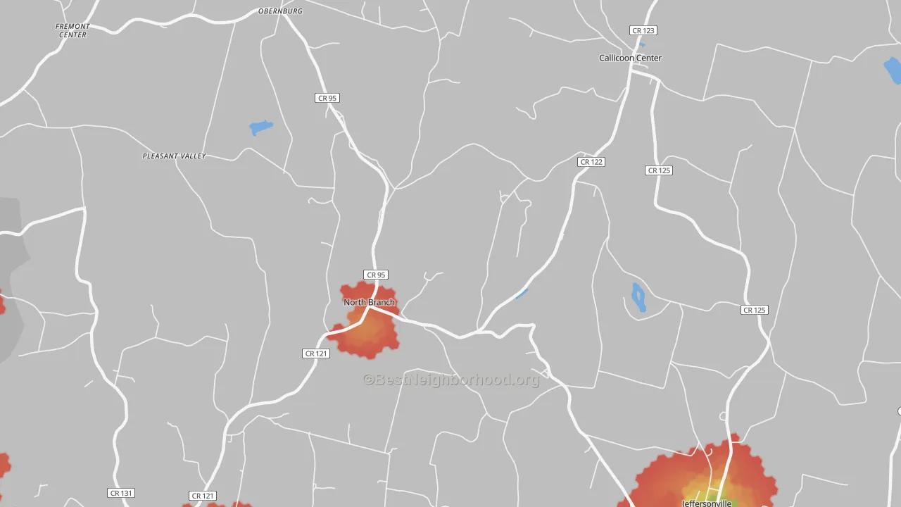 Walk Grade map of 12766, NY, walkable areas in green and car-dependent areas in red