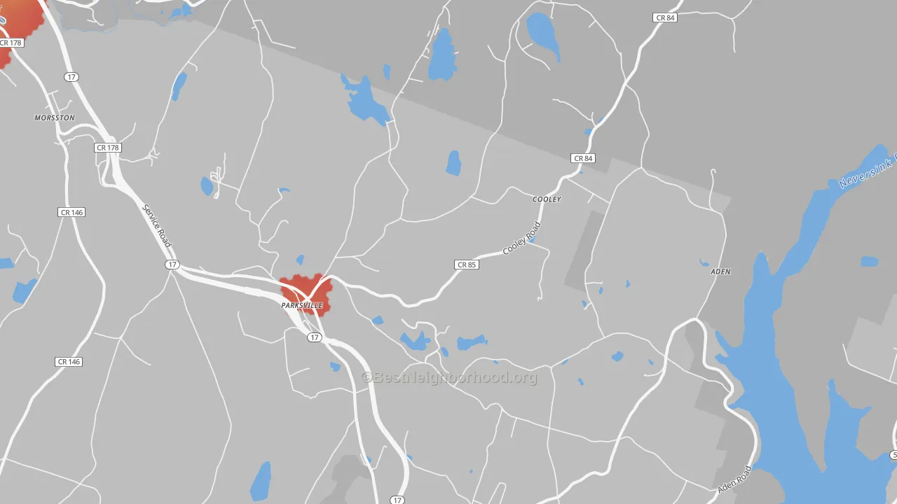 Walk Grade map of 12768, NY, walkable areas in green and car-dependent areas in red