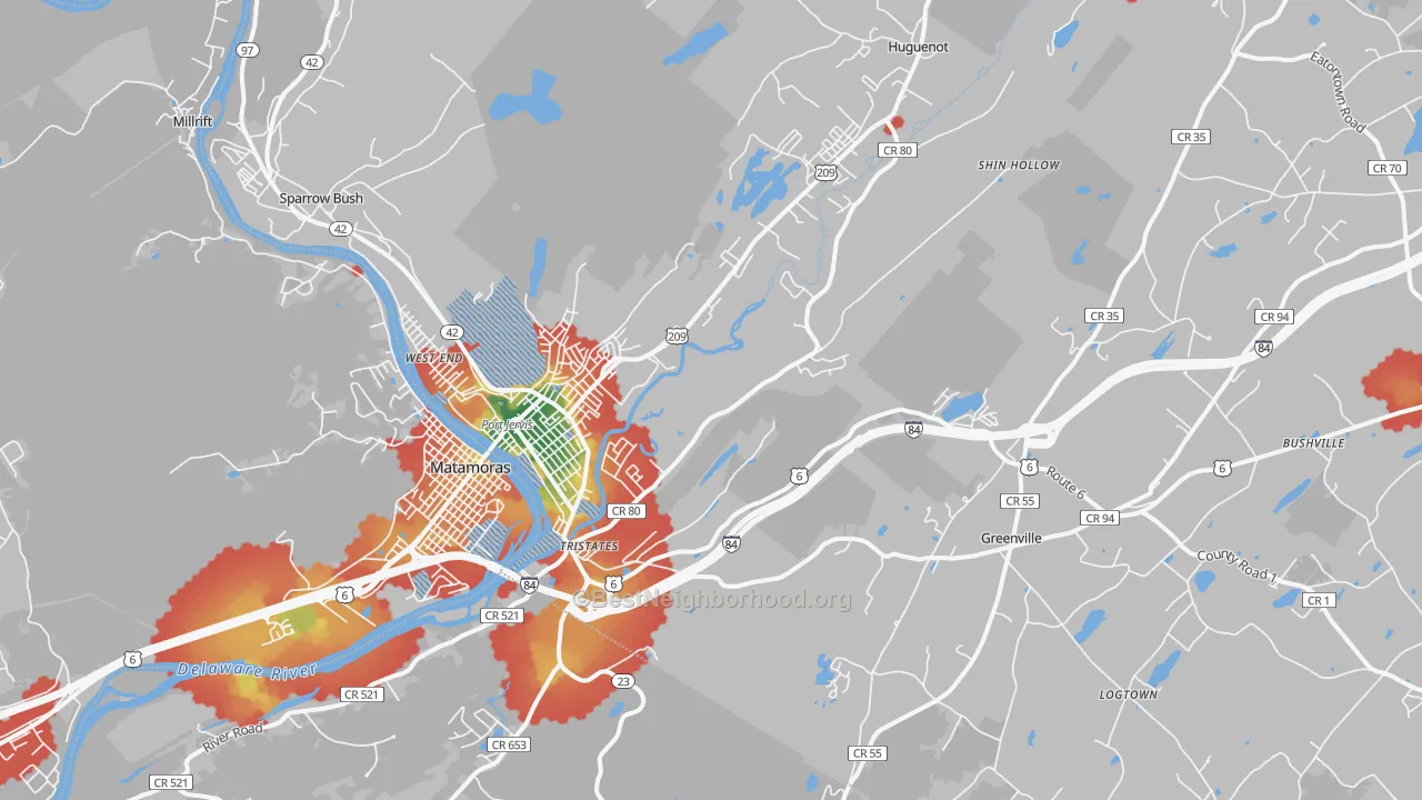 Walk Grade map of 12771, NY, walkable areas in green and car-dependent areas in red