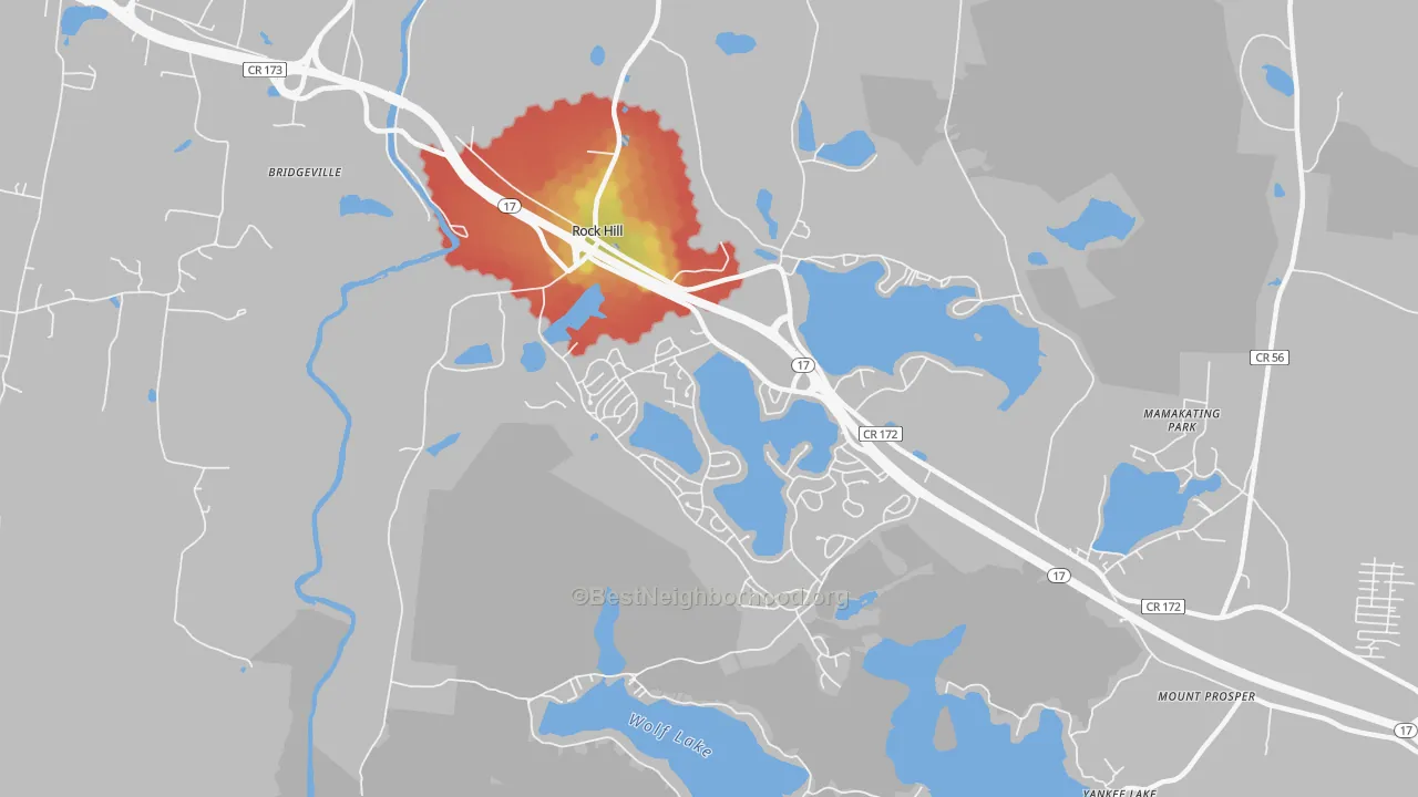Walk Grade map of 12775, NY, walkable areas in green and car-dependent areas in red
