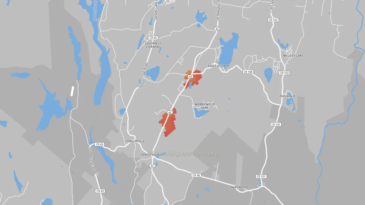 Walk Grade map of 12777, NY, walkable areas in green and car-dependent areas in red