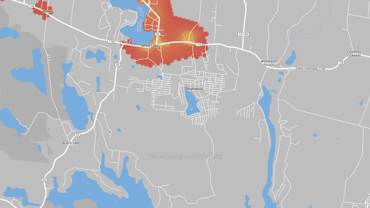 Walk Grade map of 12778, NY, walkable areas in green and car-dependent areas in red