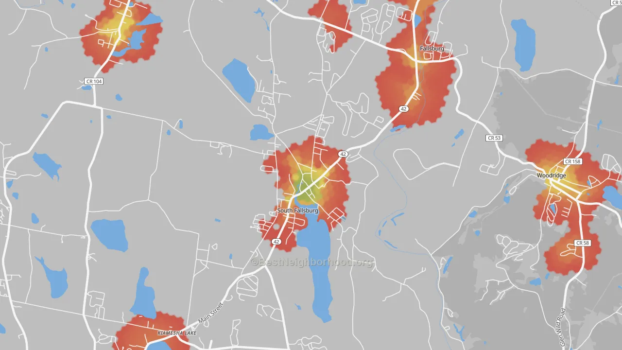 Walk Grade map of 12779, NY, walkable areas in green and car-dependent areas in red