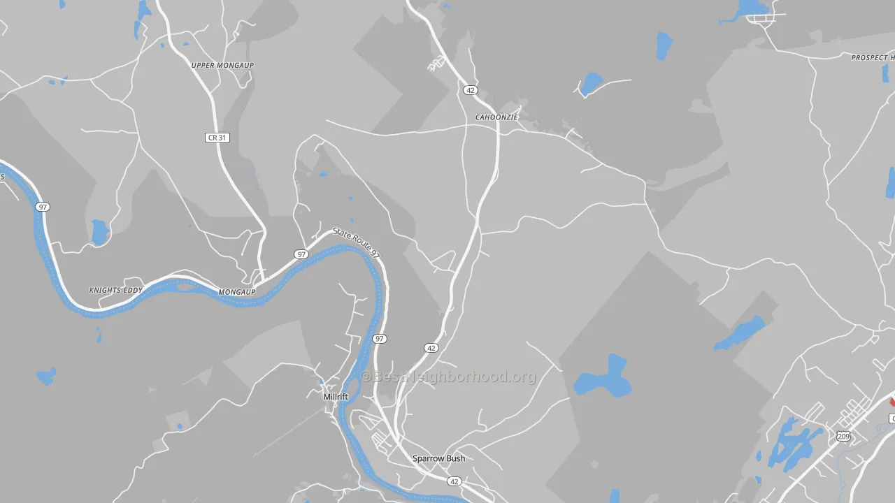 Walk Grade map of 12780, NY, walkable areas in green and car-dependent areas in red