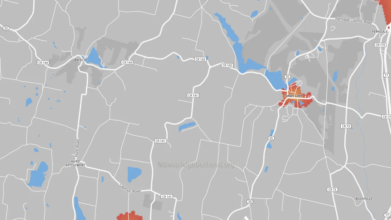 Walk Grade map of 12783, NY, walkable areas in green and car-dependent areas in red