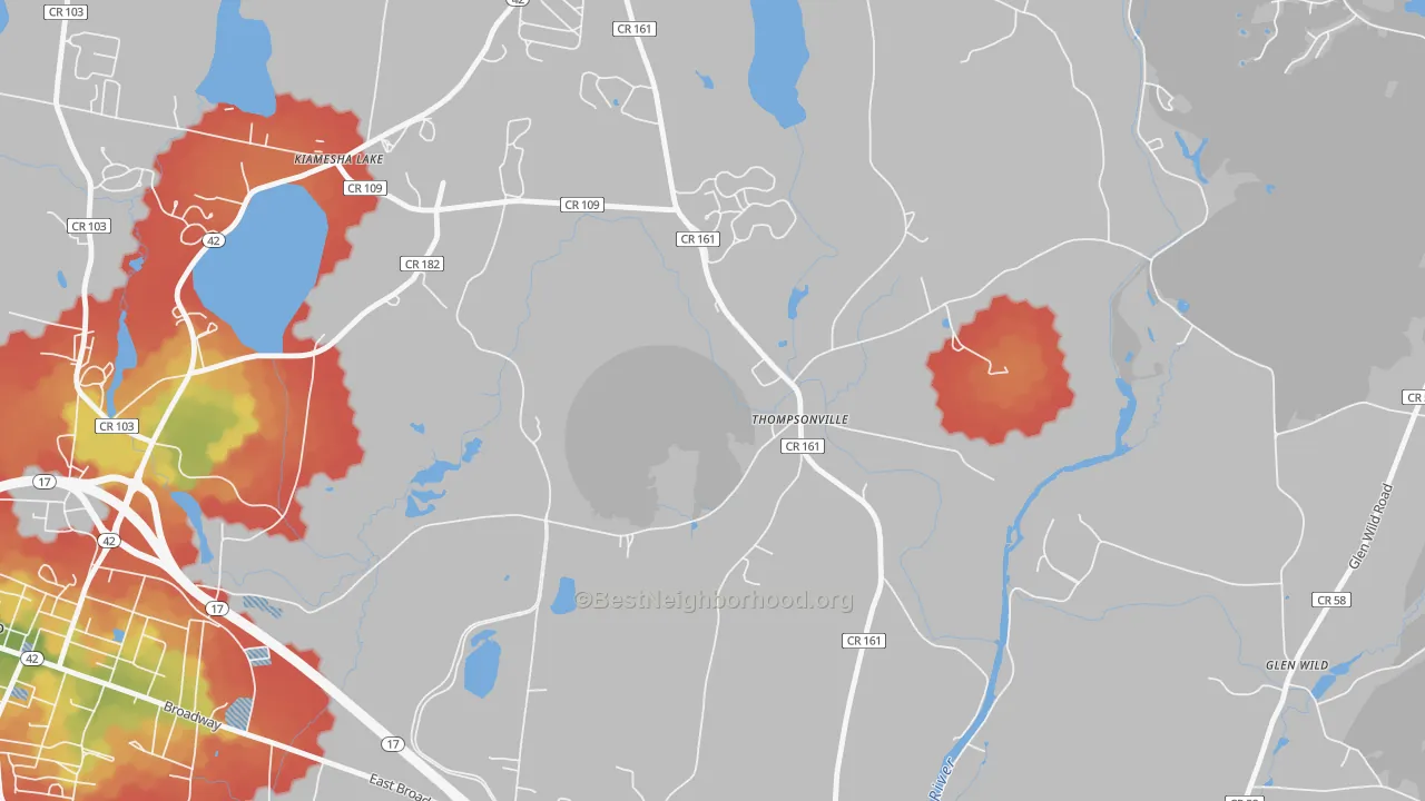Walk Grade map of 12784, NY, walkable areas in green and car-dependent areas in red