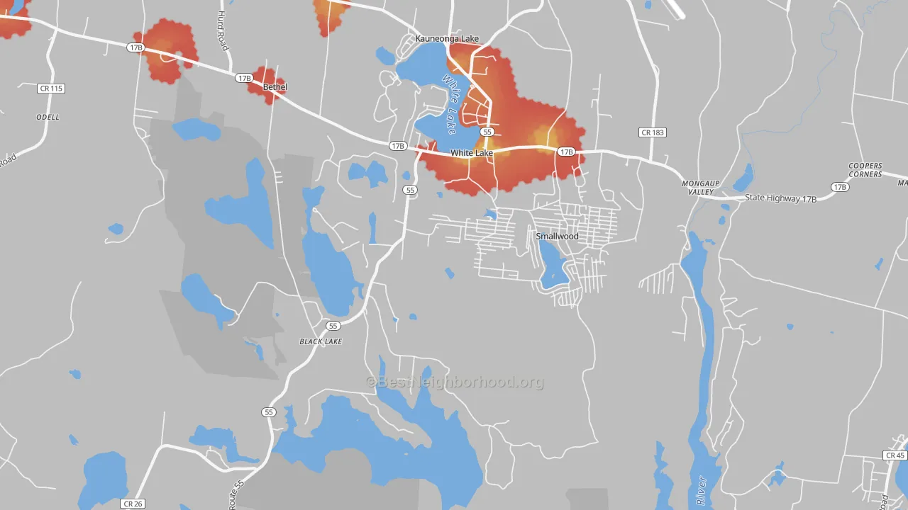 Walk Grade map of 12786, NY, walkable areas in green and car-dependent areas in red
