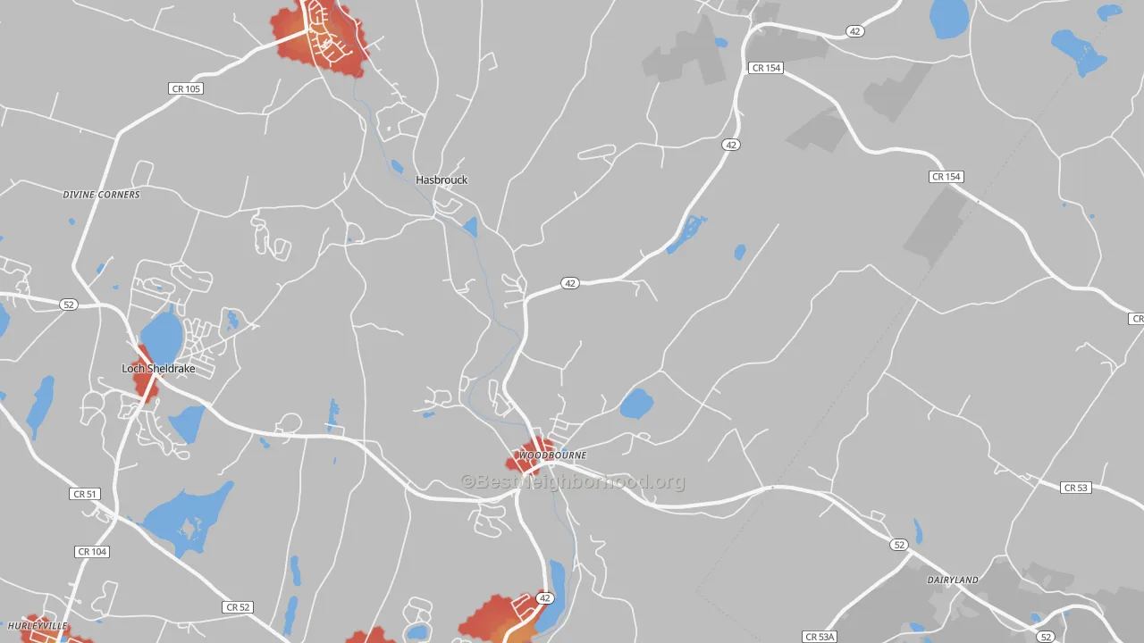 Walk Grade map of 12788, NY, walkable areas in green and car-dependent areas in red