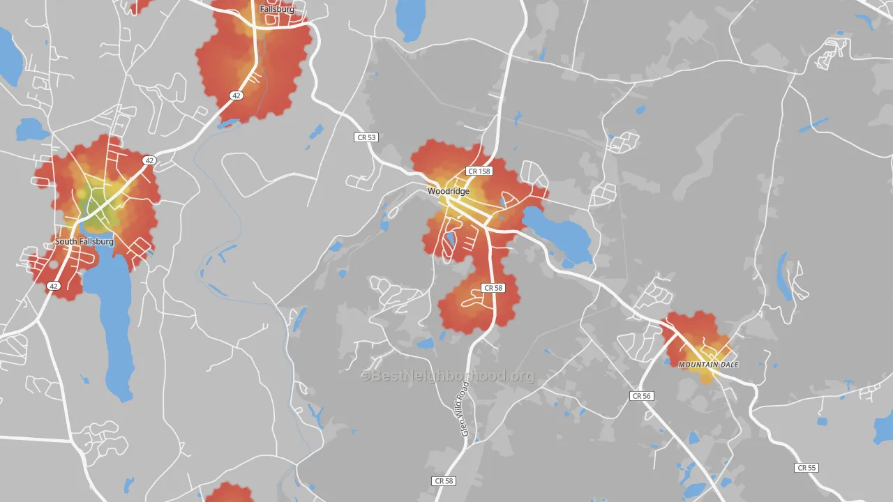 Walk Grade map of 12789, NY, walkable areas in green and car-dependent areas in red
