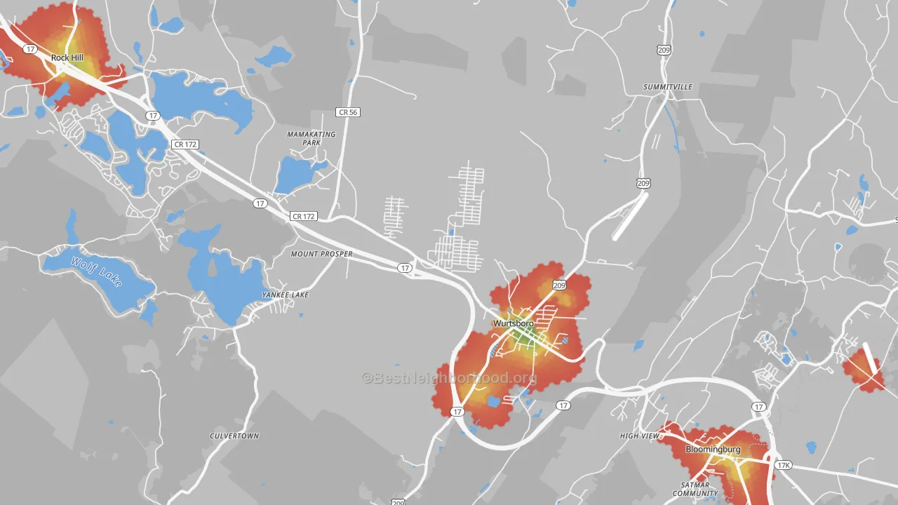 Walk Grade map of 12790, NY, walkable areas in green and car-dependent areas in red