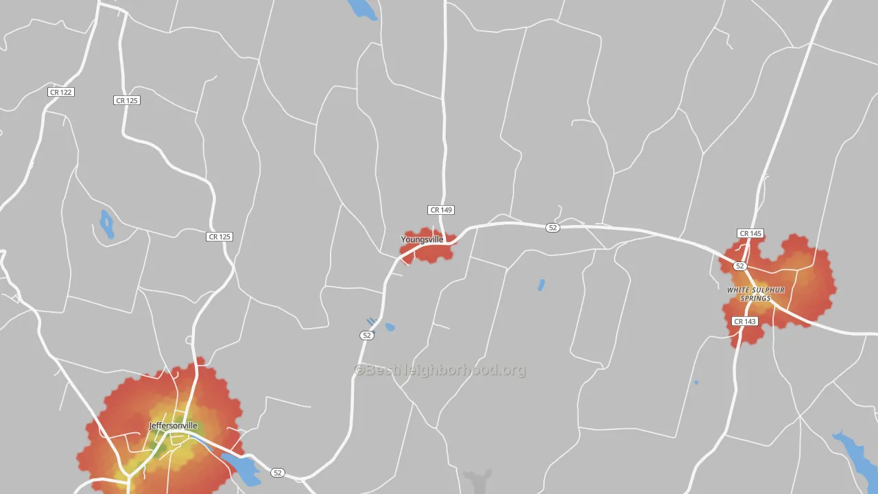 Walk Grade map of 12791, NY, walkable areas in green and car-dependent areas in red