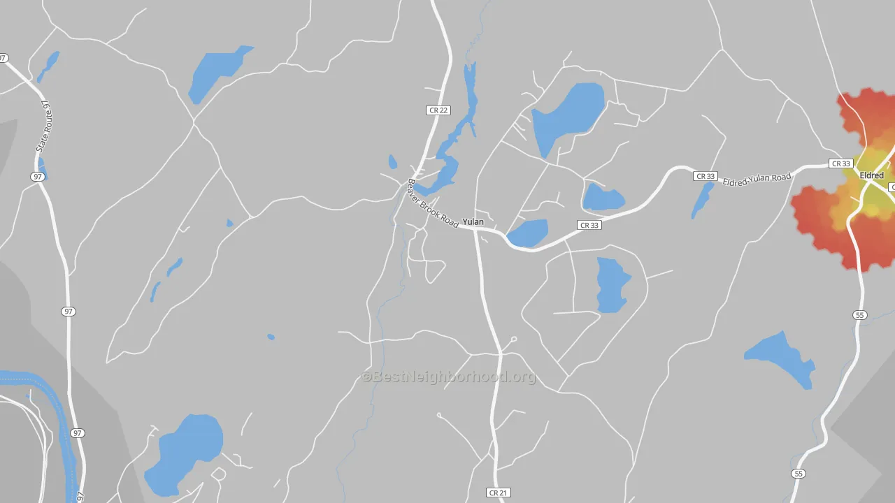 Walk Grade map of 12792, NY, walkable areas in green and car-dependent areas in red