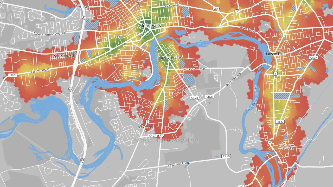 Walk Grade map of 12803, NY, walkable areas in green and car-dependent areas in red