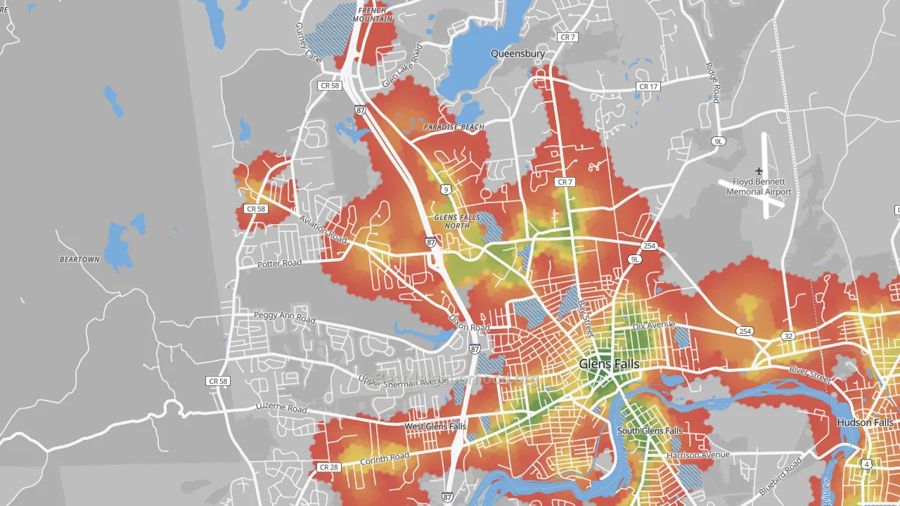 Walk Grade map of 12804, NY, walkable areas in green and car-dependent areas in red