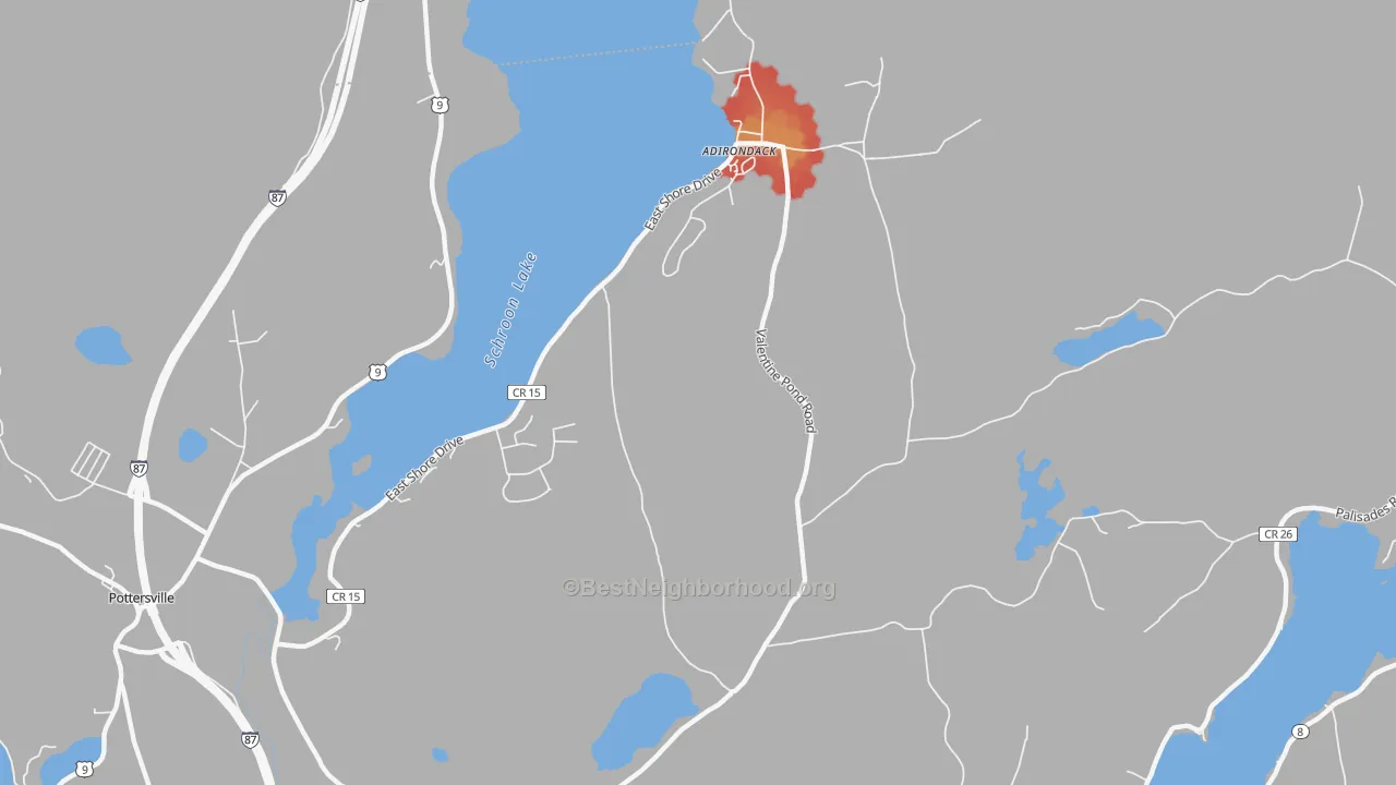 Walk Grade map of 12808, NY, walkable areas in green and car-dependent areas in red