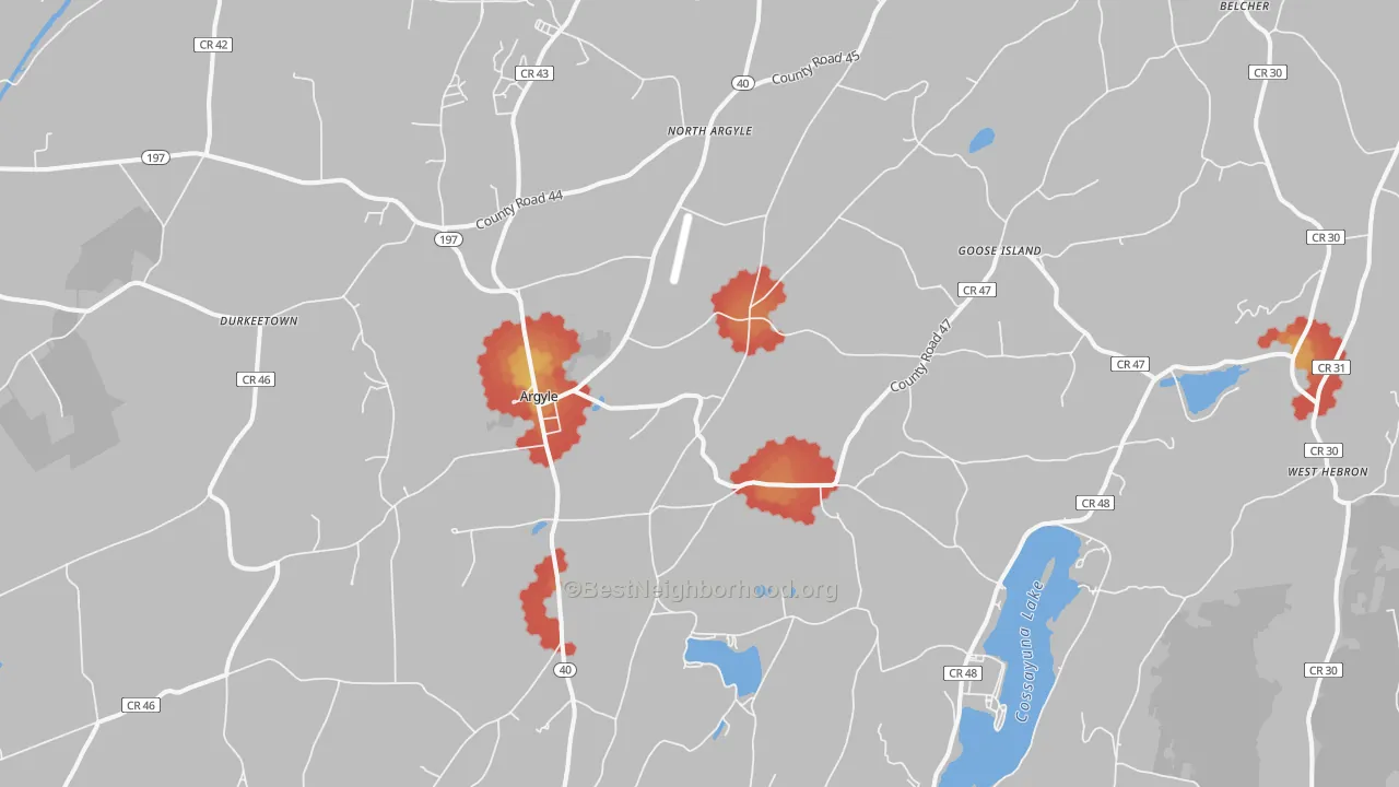 Walk Grade map of 12809, NY, walkable areas in green and car-dependent areas in red