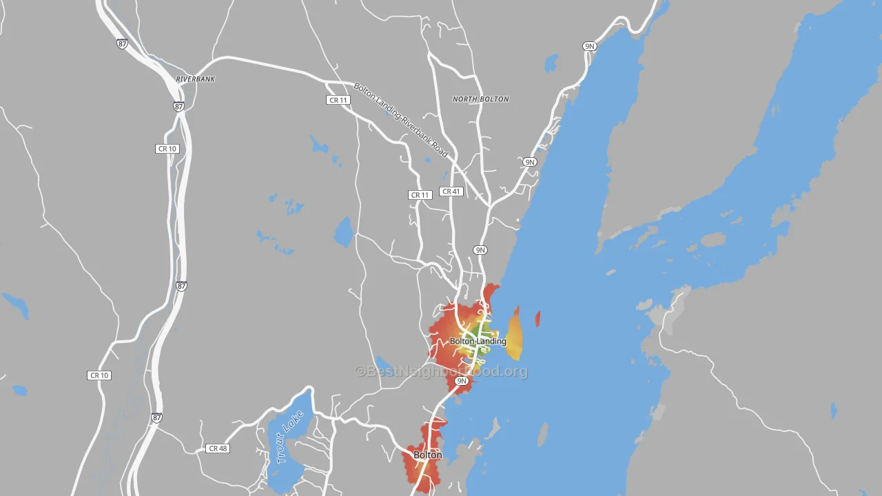 Walk Grade map of 12814, NY, walkable areas in green and car-dependent areas in red