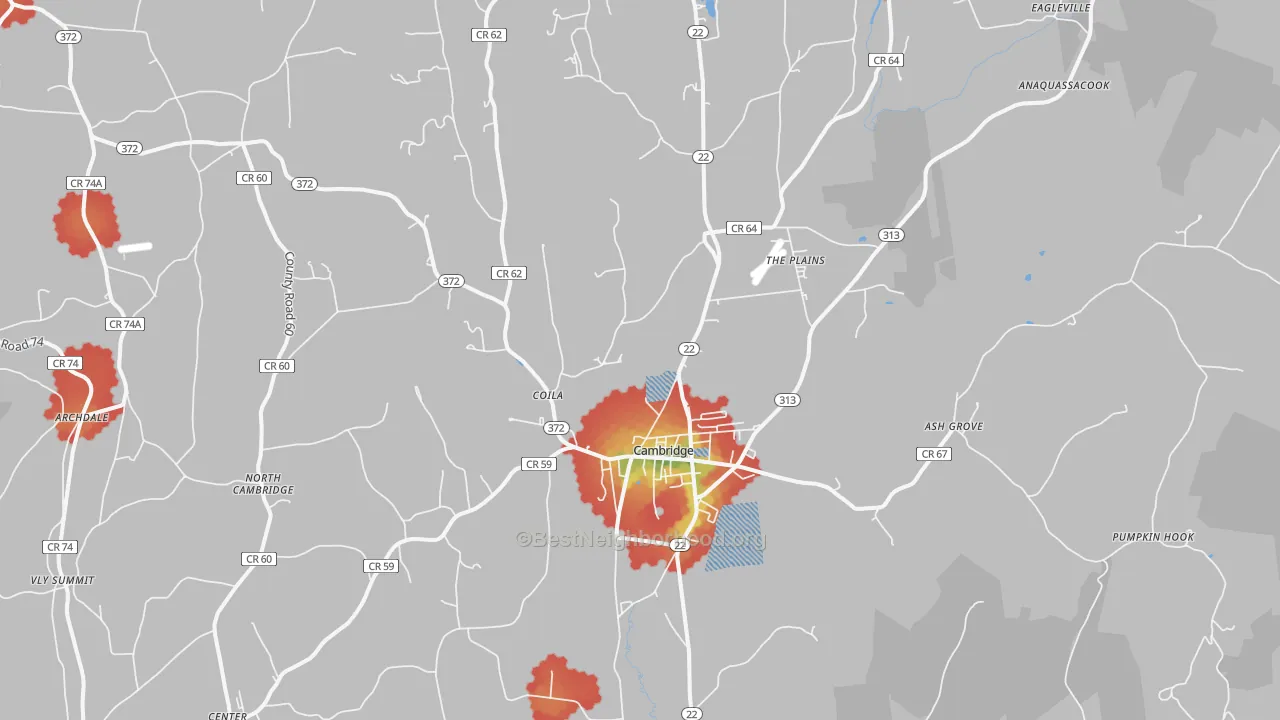 Walk Grade map of 12816, NY, walkable areas in green and car-dependent areas in red
