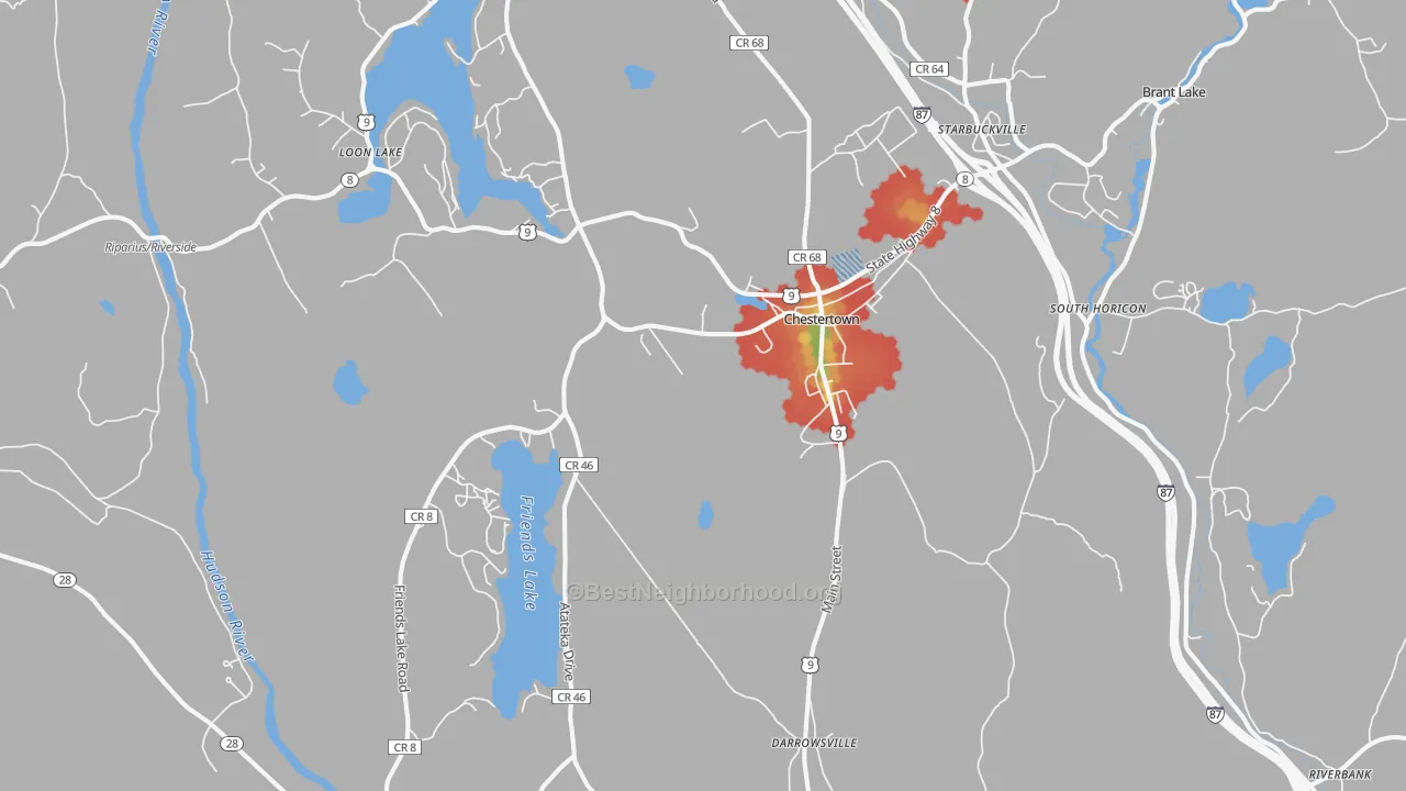 Walk Grade map of 12817, NY, walkable areas in green and car-dependent areas in red