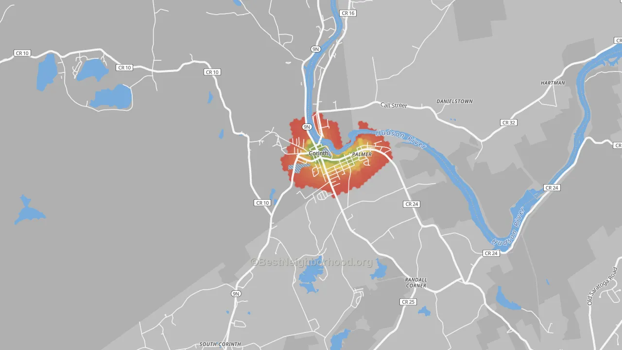 Walk Grade map of 12822, NY, walkable areas in green and car-dependent areas in red