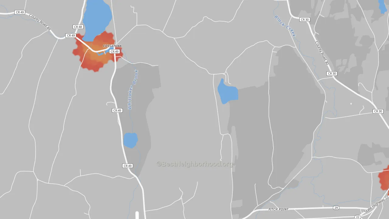 Walk Grade map of 12823, NY, walkable areas in green and car-dependent areas in red