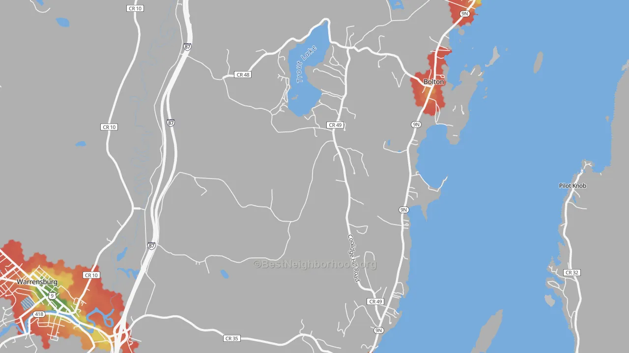 Walk Grade map of 12824, NY, walkable areas in green and car-dependent areas in red