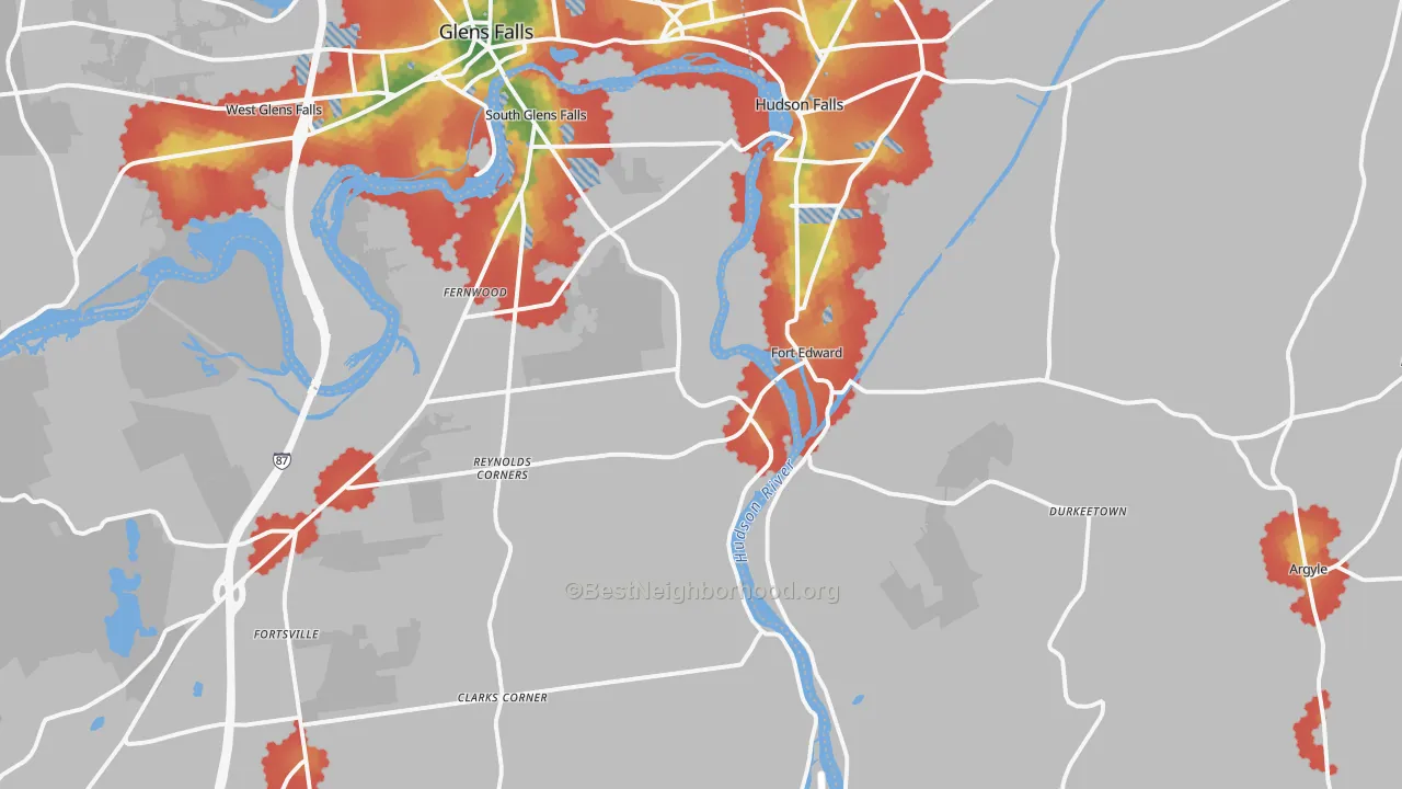 Walk Grade map of 12828, NY, walkable areas in green and car-dependent areas in red