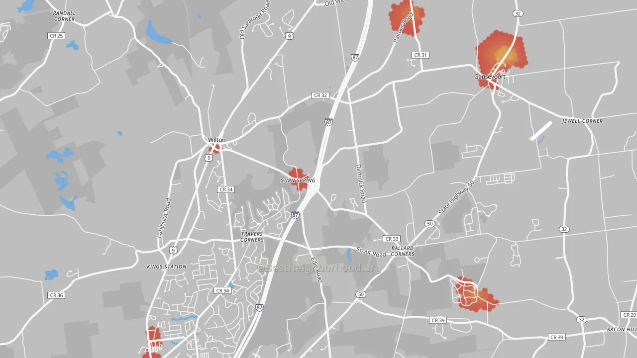 Walk Grade map of 12831, NY, walkable areas in green and car-dependent areas in red
