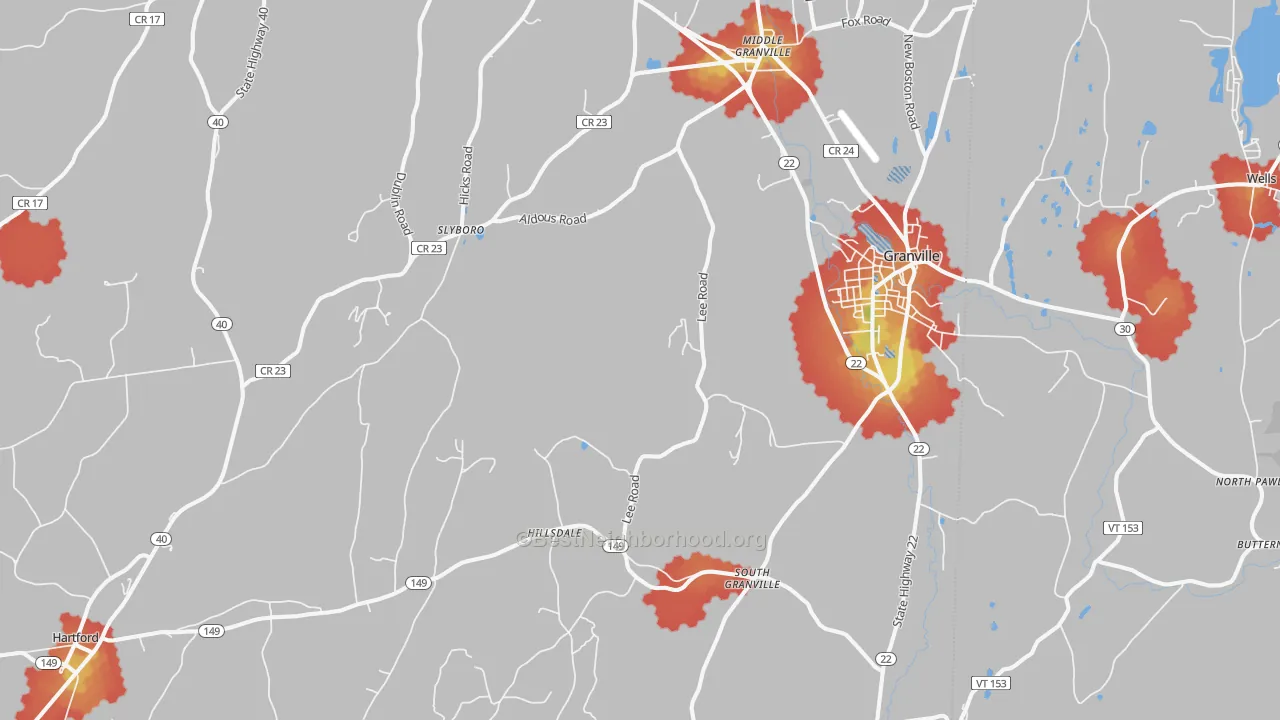 Walk Grade map of 12832, NY, walkable areas in green and car-dependent areas in red