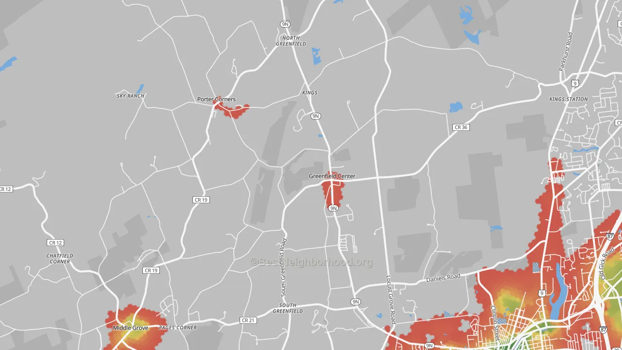 Walk Grade map of 12833, NY, walkable areas in green and car-dependent areas in red