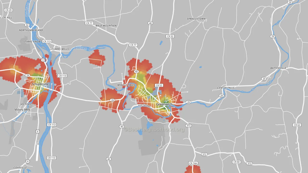 Walk Grade map of 12834, NY, walkable areas in green and car-dependent areas in red